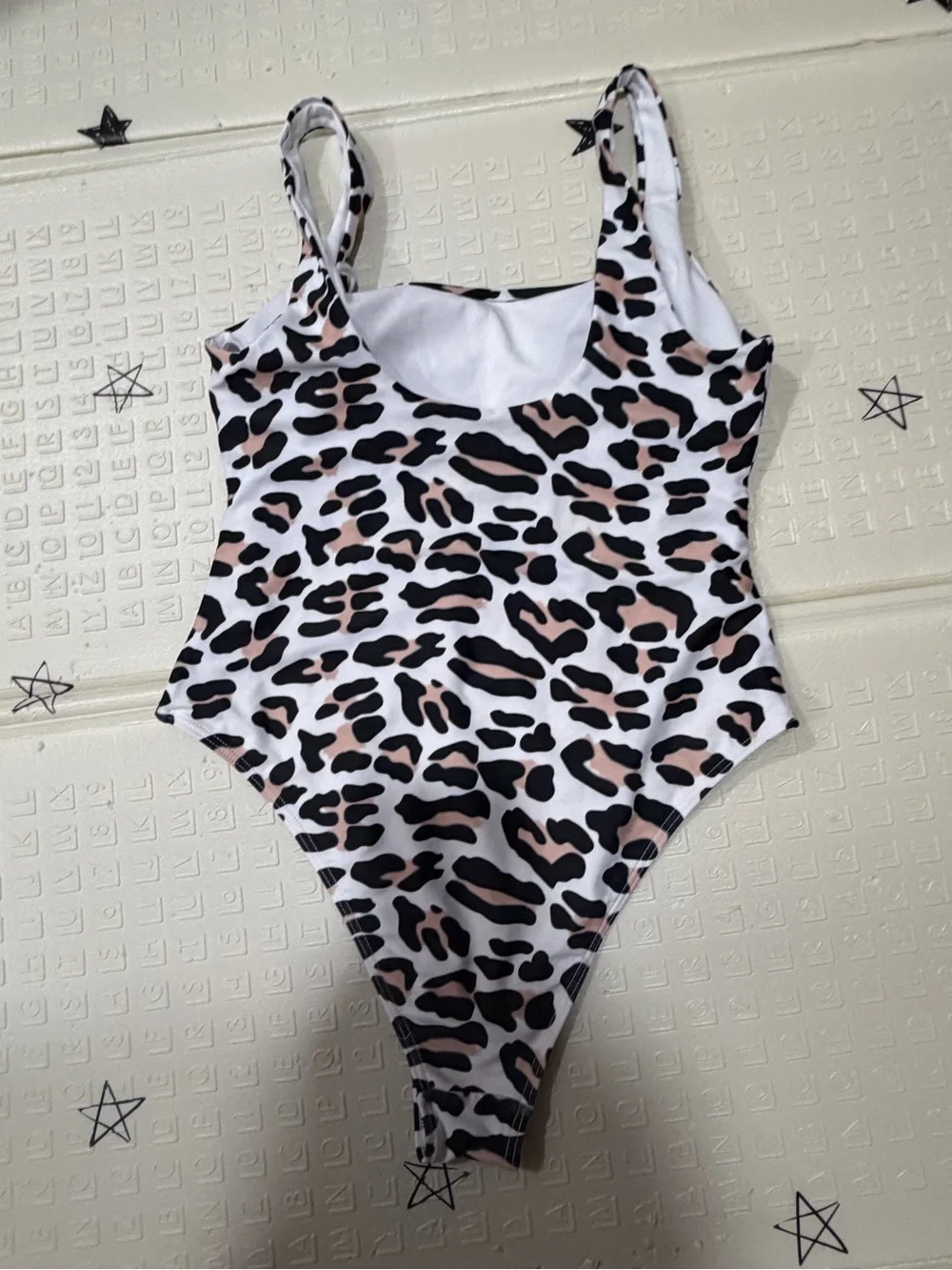 Girls' Leopard Print One-Piece Swimsuit in White, Black & Blush